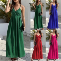 Fashion Solid Color V-neck Sleeveless Cross-criss Backless Maxi Dress
