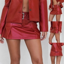 Sexy Ruched Artificial Leather PU Red Skirt