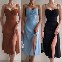 Sexy Solid Color Sweetheart Buttoned Self-tie Backless Slit Slip Dress