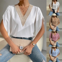 Fashion Lace Spliced V-neck Short Sleeve Shirt