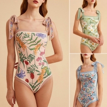 Vintage Floral Printed Self-tie One-piece Bikini Swimsuit