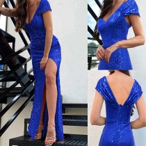 Sexy Sequined V-neck Cap Sleeve Backless Slit Party Dress