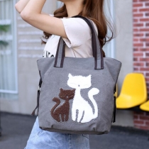 Cute Cat Embroidered Canvas Tote Bag