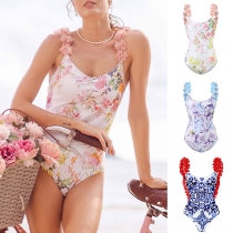 Vintage Floral Printed 3D Flower Backless One-piece Swimsuit