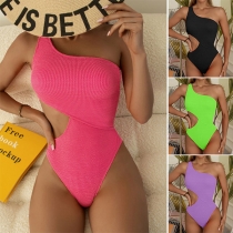 Sexy Solid Color One-shoulder Cutout One-piece Swimsuit