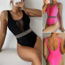 Fashion Mesh Spliced Round Neck Backless One-piece Swimsuit