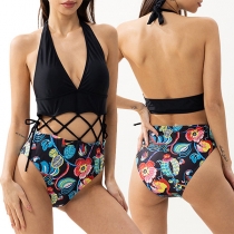Sexy Floral Printed Cutout Cross-criss One-piece Swimsuit