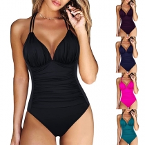 Fashion Solid Color Ruched V-neck One-piece Swimsuit