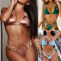 Sexy Rhinestone Criss-cross Halter Two-piece Bikini Set