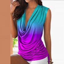 Fashion Gradient Color Draped Neck Side Drawstring Sleeveless Shirt