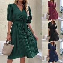 Casual Solid Color V-neck Short Sleeve Pleated Self-tie Dress