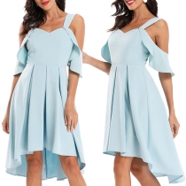 Fashion Solid Color Ruffled Open-shoulder Pleated High-low Hemline Dress