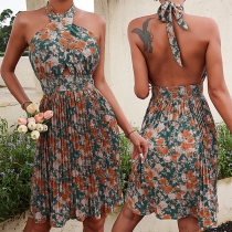 Fresh Style Floral Printed Halterneck Backless Pleated Dress