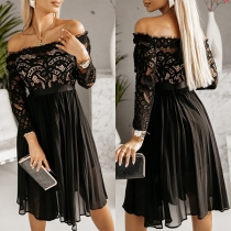 Fashion Lace Spliced Off-the-shoulder Long Sleeve Pleated Dress