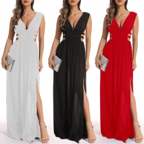 Fashion Solid Color V-neck Backless Side Cutout Slit Maxi Dress