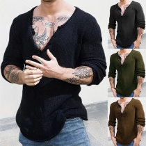 Fashion Solid Color V-neck Long Sleeve Shirt for Men