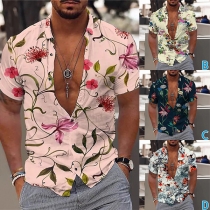 Fashion Floral Printed Stand Collar V-neck Short Sleeve Shirt for Men