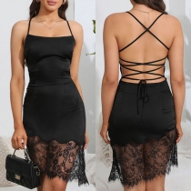 Sexy Lace Spliced Cross-criss Backless Bodycon Dress