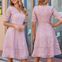 Elegant Solid Color V-neck Short Sleeve A-lined Pink Lace Dress