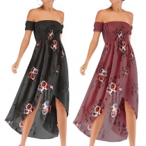 Fashion Floral Printed Smocked Strapless Irregular Hemline Dress
