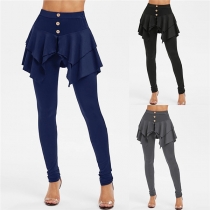 Casual High-rise Buttoned Ruffled Fake Two-piece Legging
