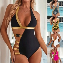 Sexy Bronzing Bright Cloth Spliced Cutout V-neck Monokini/One-piece Swimsuit