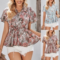 Bohemia Style Floral Printed V-neck Short Sleeve Ruffled Shirt