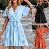 Casual Solid Color V-neck Pleated Self-tie Dress