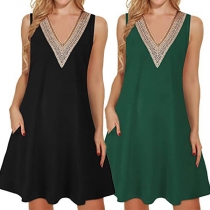 Casual Lace Spliced V-neck Sleeveless Dress with Pockets