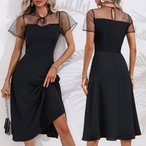 Vintage Semi-through Gauze Spliced Short Sleeve Midi-dress