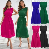 Fashion Solid Color Ruffled Self-tie Pleated Dress