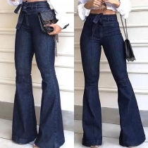 Fashion Old-washed Self-tie High-rise Wide-leg Denim Jeans
