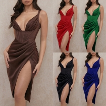 Sexy Solid Color Ruched  V-neck Slit Dress