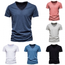 Casual Solid Color V-neck Short Sleeve Shirt for Men