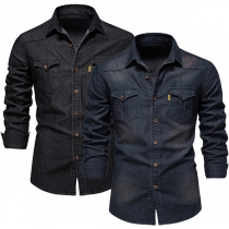 Fashion Old-washed Stand Collar Long Sleeve Buttoned Denim Shirt for Men