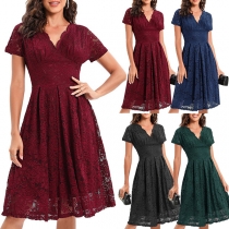 Elegant Solid Color V-neck Short Sleeve Lace Dress