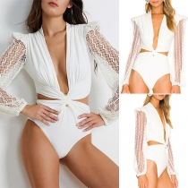 Sexy Lace Spliced Long Sleeve V-neck Cutout One-piece Swimsuit