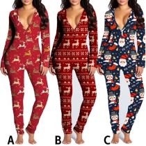 Fashion Printed Buttoned V-neck Long Sleeve Slap Jumpsuit for Christmas