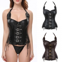 Vintage Bucklet Lace-up Artificial Leather PU Halterneck Corset Shirt