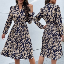 Fashion Printed V-neck Long Sleeve Ruched Self-tie Midi Dress