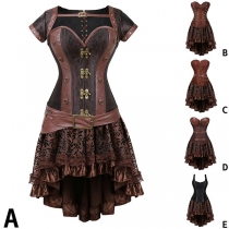 Vintage Two-piece Set Consist of Corset Shirt and High-low Hemline Skirt