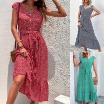 Fashion Printed V-neck Cap Sleeve Buttoned Self-tie Midi-dress