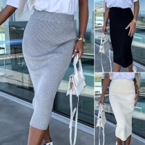 Fashion Solid Color Ribbed Pencil Skirt