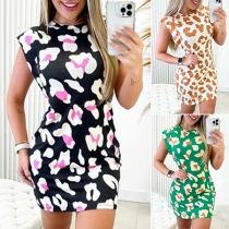 Fashion Floral Printed Round Neck Sleeveless Bodycon Dress