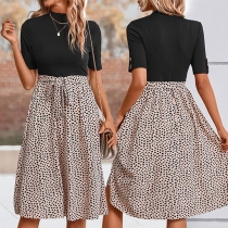 Fashion Contrast Color Leopard Printed Round Neck Short Sleeve Self-tie Dress