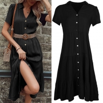 Casual Buttoned V-neck Short Sleeve Tiered Dress (Without belt)