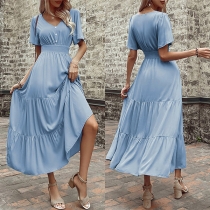 Casual Solid Color V-neck Short Sleeve Tiered Midi Dress