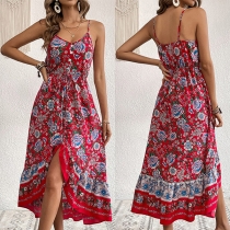 Bohemia Style Floral Printed Irregular Hemline Slip Dress