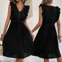 Fashion Solid Color Ruffle Buttoned Self-tie Pleated Dress