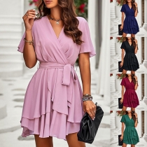 Fashion Solid Color V-neck Short Sleeve Ruffled Self-tie Mini Dress